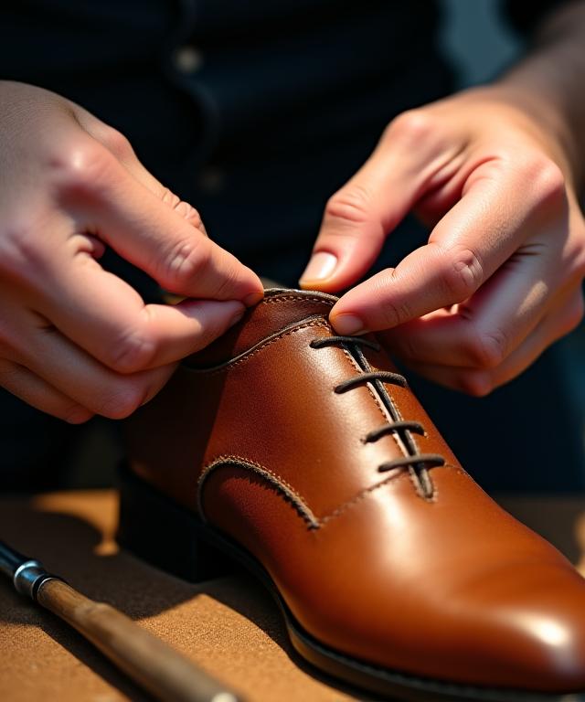 The hands of an artisan carefully stitching the welt of a leather shoe.
