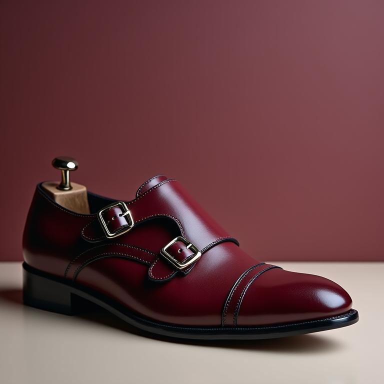 Elegant double-monk strap shoes in a deep burgundy leather.