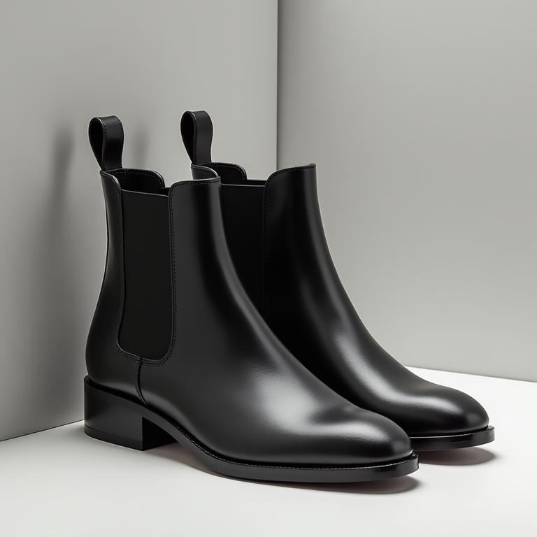 Sleek Chelsea boots in a dark, polished leather.